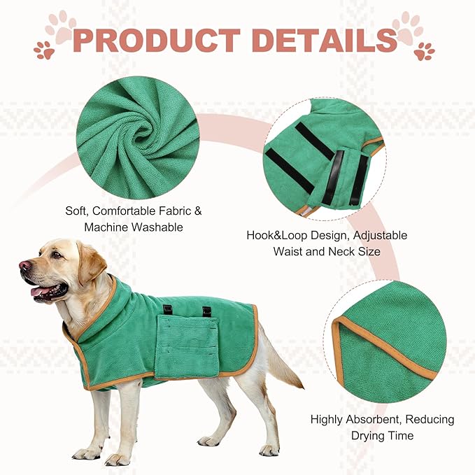Dog Drying Coat, Dog Robes for After Bath Bathrobe Super Absorbent Towel Soft Adjustable, (XL, Dark Green), Intended for Fast Drying Warm Keeping Pet Cats Kitten Puppies