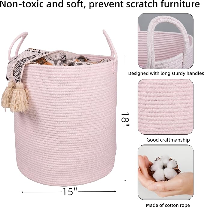 XUANGUO Cotton Rope Laundry Basket Hamper for Girls Kids Baby Nursery Hamper Bin Woven Storage Basket for Living Room Girls room Boho Tall Rope Baskets for Blanket Toys Large light pink (Pack of 2)