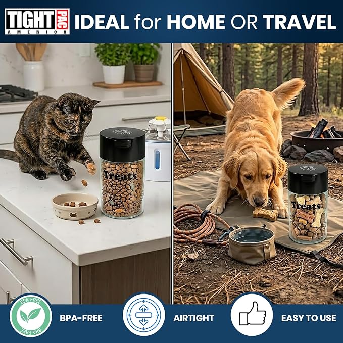 Tightpac Pawvac 1 to 6 Ounces Container, Airtight Pet Food and Treats Storage Jar - Patented Vacuum Seal Container for Pet Food, Treats and other Dry Goods - Clear with Treats