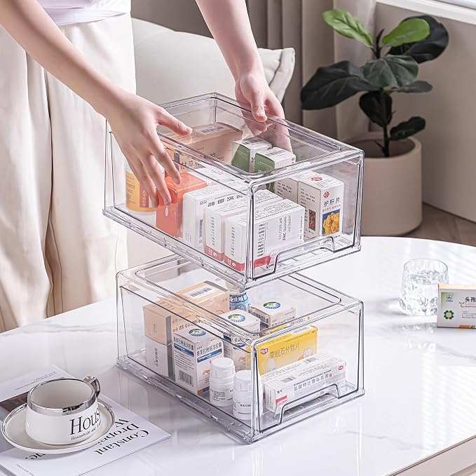 2 Pack Stackable Organizer Drawers, Clear Desk Storage Box,Transparent Drawer in Home, Office and Kitchen Pull Out Organizer Bins for Make Up, Pen, Desktop Stationary (2Extra Large)