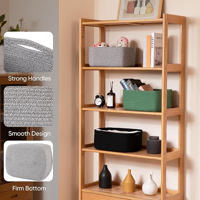 OIAHOMY 4 Pack 14.17 * 11.02 * 6.3IN Storage Baskets for Organizing Shelves, Woven Rope Baskets for Organizing Books, Clothes, Decorative Basket for Living Room, Nursery, Bedroom, Gift Basket, Grey