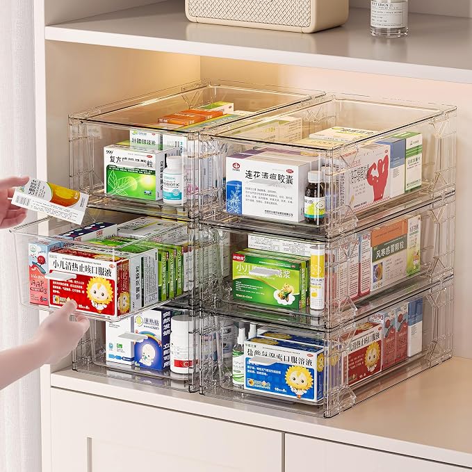 4 pack clear Drawer-Type Plastic Storage Box Bins Organizer，Family First Aid Kits Medicine cabinet Box Organizer,Closet ，Shelf，Ointments, Adhesive Bandages，Cosmetics,Office Items (clear, ZZ4L)