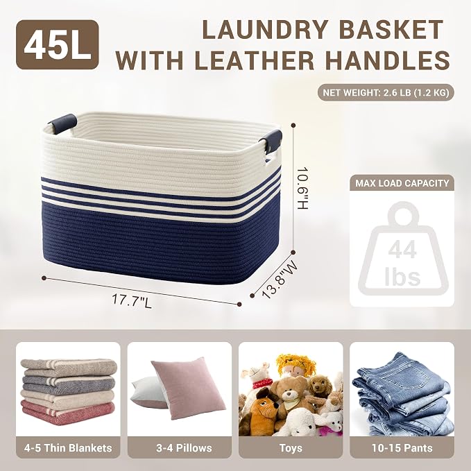 45L Small Woven Laundry Basket Hamper with Leather Handles,Navy | collapsible wicker hamper, storage for dirty clothes, toys, blankets, gifts, living room, bedroom, bathroom, 18"x14"x11"