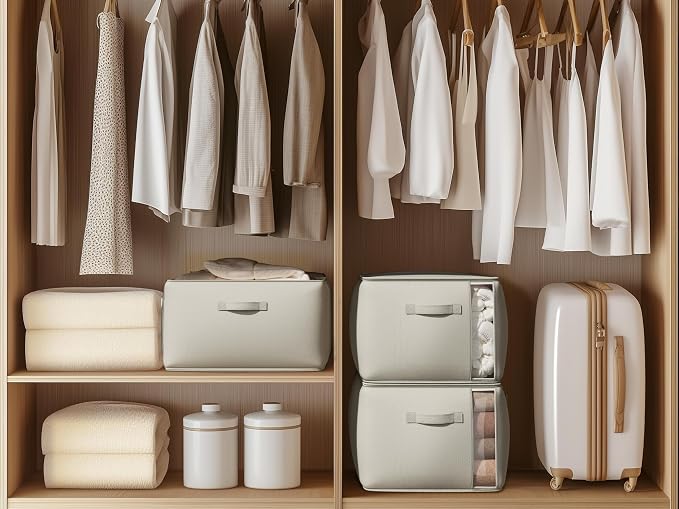 6 Pack Canvas Comforter Storage Bags for Clothes & King Comforters, Grey | 70L Capacity, Dual Zippers, Three Reinforced Handles, Foldable Canvas Design for Comforters, Blankets and Seasonal Clothing