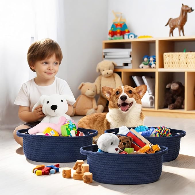 Small Blue Woven Basket, 13"x 9"x 5" Gift Basket Empty, Cotton Rope Kids Dog Cat Toy Bin Box, Cute Baby Nursery Easter Organizer, Decorative Wicker Storage with Handle, Navy Blue Room Decor