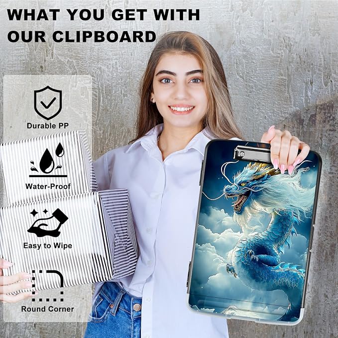 A4 Clipboard with Storage Pen Holder, Clipboards Organizer Nursing Clipboard Foldable File Folder Plastic Clipboard Folio Clip Board for Office Work Classroom Doctor, Cloud Blue Dragon
