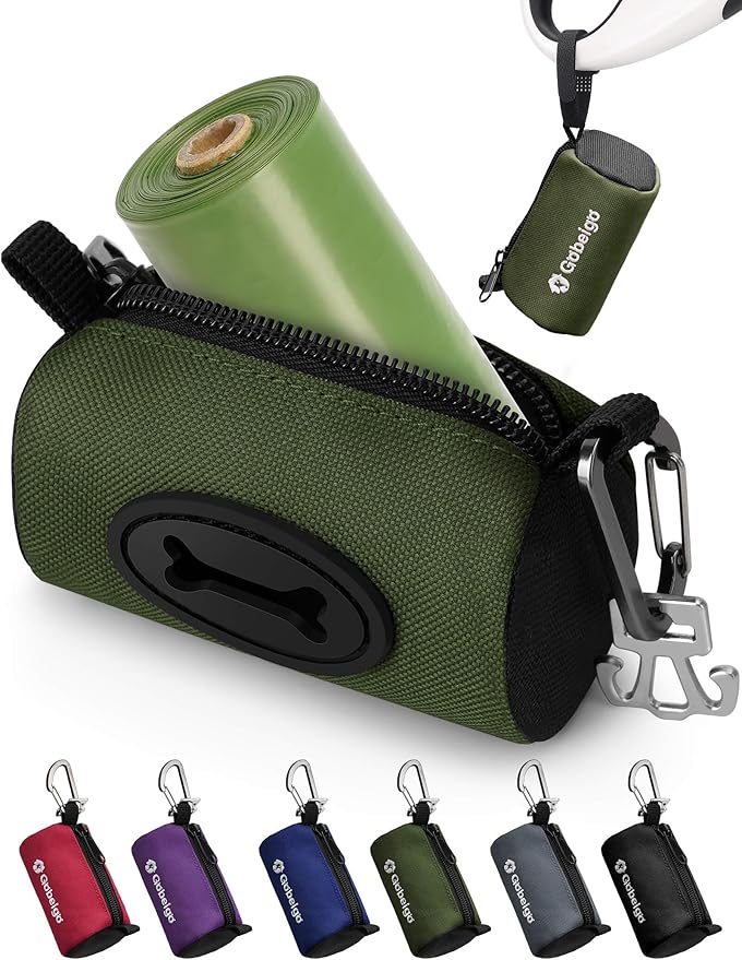 GGobeigo Dog Poop Bag Holder with Used Waste Bag Carrier(Army Green) | Large Opening for Easy Dispensing, Carabiner & Hook-and-Loop Strap Fits Any Leash, Includes 15 Unscented Waste Bags