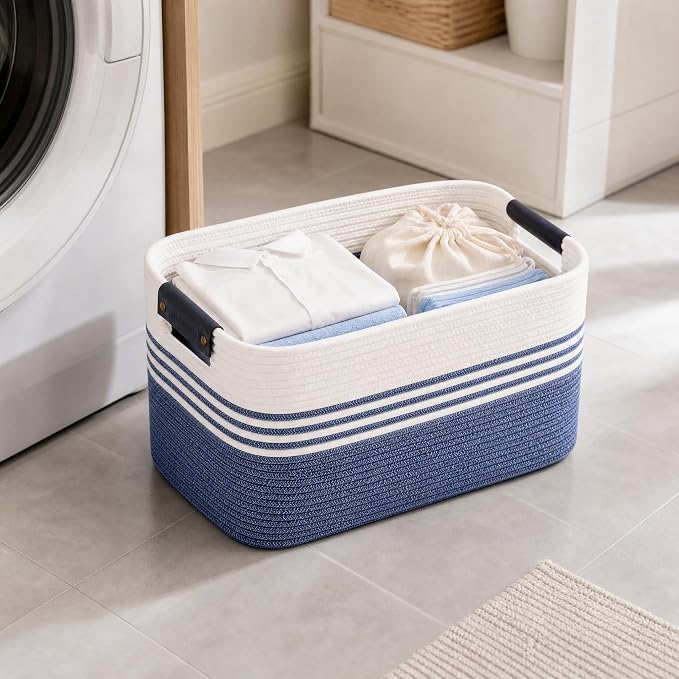 Cotton Rope Laundry Basket Extra Large, 25.4GAL Collapsible Woven Storage Baskets for Living Room Kids Toys Stuffed Animal,Boho Rectangular Decorative Hamper for Dirty Clothes, Blankets Denim Blue
