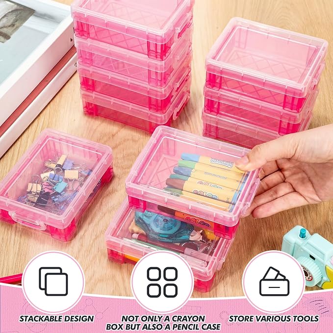 Suzile 50 Pcs Plastic Crayon Box with Lid 4.8 x 3.4 x 1.6 In Crayon Storage Containers Bulk for Office School Classroom Supplies Pen Pencil Art Crafts(Pink)
