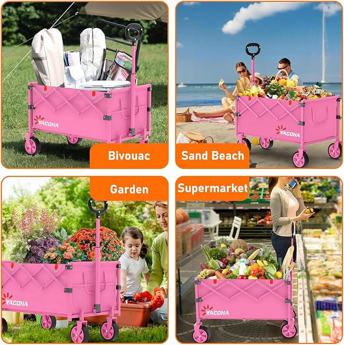 Yozoia Wagons Carts Foldable,Utility Beach Grocery Wagon with Wheels,Pink | Foldable, Lightweight, Portable, Simple Installation, for Camping Shopping Beach Garden Sports
