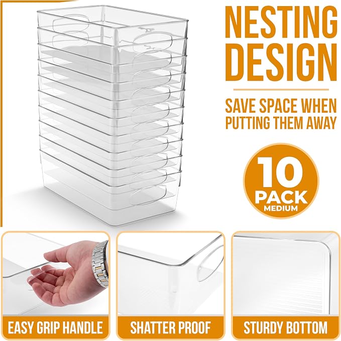 Sorbus Fridge Organizers and Storage, Clear Bins (Medium, 10 Pack) | Handles support easy access and transport for pantry shelves, freezers, drawers and medicine-cabinet organization.