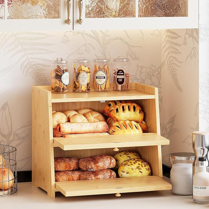 Trironsun Vintage Double Layer Bread Box for Kitchen Counter Bamboo Bread Storage Container Large Capacity Bread Storage Bin (Natural Bamboo)
