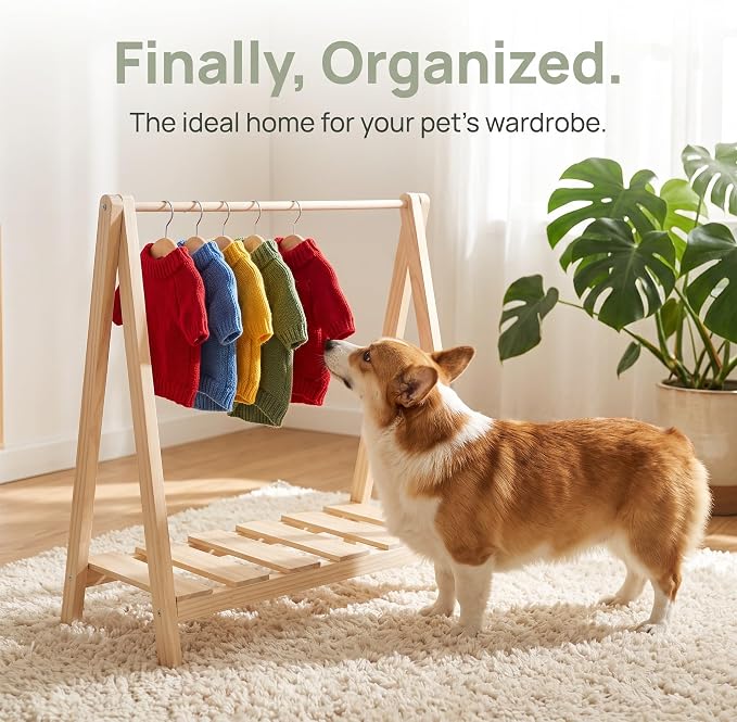TEHAUX Wooden Dog Clothes Rack - Garment Hanging Shelf for Pet, 20 Inch | Mini Pet Garment Hanger Organizer, Keeps Pet Clothes Wrinkle-Free, Holds 6-8 Outfits Within 3.5kg Kitten
