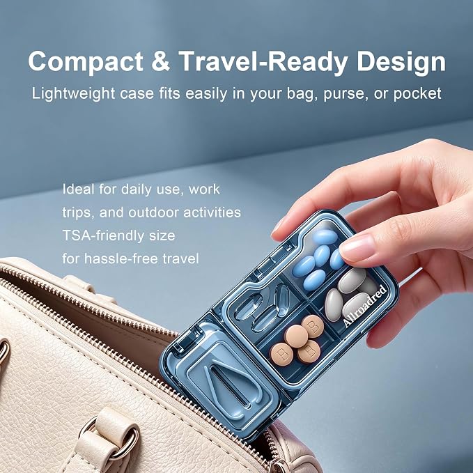 2-in-1 Pill Cutter and Splitter with Pill Organizer, Airtight Moisture-Proof Pill Case, Stainless Steel Blade for Tablets, Vitamins & Supplements, Travel Pill Case (Vast Sea Blue)