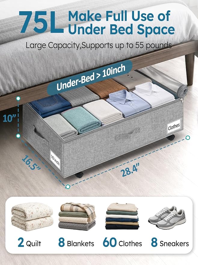10-in 75L Low Profile Under Bed Storage with Wheels, 2 Pack, Gray | 5 Rotating Wheels, Large Clear lid, Rigid Sides & Bottom, Low Space Storage, Under Bed, Couch, Crib, Dorm Organization