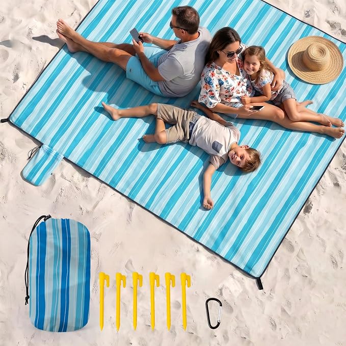 OIGAE Beach Blanket Waterproof Sandproof Oversized Beach Mat | Picnic Mat with Stakes, Storage Bag - Essentials for Outdoor Beach, Picnic,Quick-Dry Lightweight,Windproof Pockets