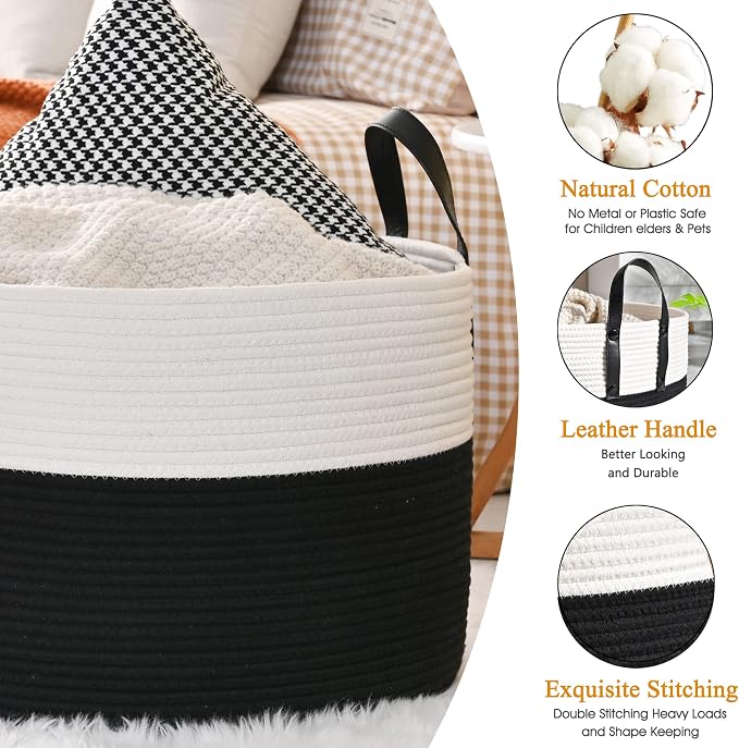 KAKAMAY Large Blanket Basket (20"x13"),Woven Baskets for storage Baby Laundry Hamper, Cotton Rope Blanket Basket for Living Room, Laundry, Nursery, Pillows, Baby Toy chest (White/Black) | Extra Large Capacity | Natural Cotton Rope | Blanket Storage | W...