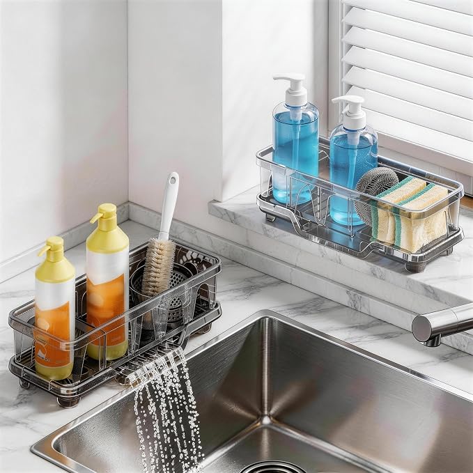 Kitchen Sink Sponge Holder, Sink Caddy Organizer with Compartments, Self-Draining and Easy-Clean Design, Sink Caddy for Kitchen Sink, Bathroom, Vanity, Countertop Storage, Kitchen Sink Caddy Organizer