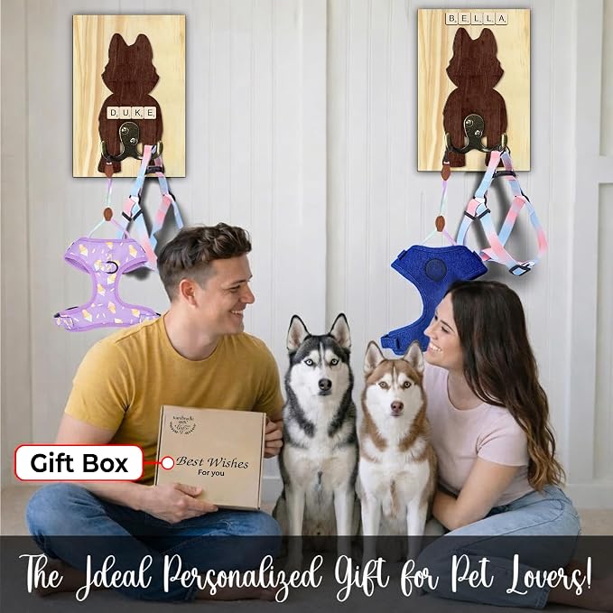 Husky Dog Leash Holder Wall Mount with Scrabble Letters, Wooden Dog Wall Hook Organizer, Pet Collar and Harness Holder Entryway, Key Hook & Leash Rack, Home Decor for Pet Lovers PF297-45