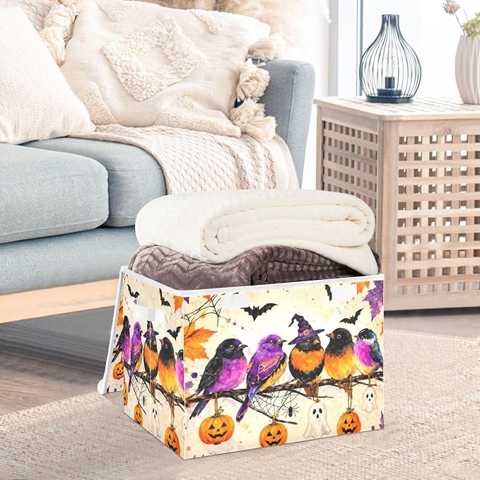 Fabric Storage Bins with Lid Halloween Bird Closet Storage Basket 40L | Decorative Storage Boxes, 300D Oxford Cloth, Hollow Board Frame, Flip Top Velcro Lid, 16.5x12.6x11.8 inch, Collapsible Design