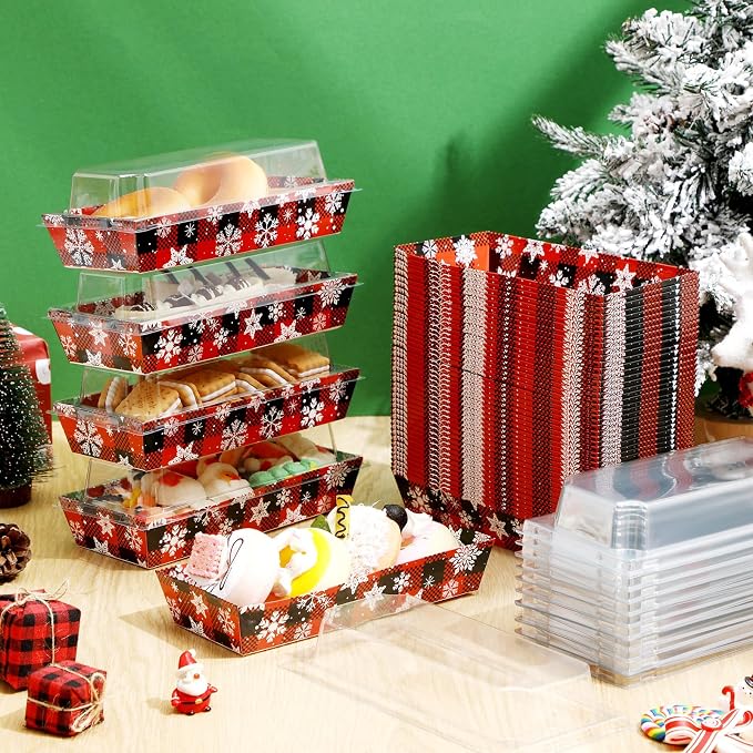 Bokon 100 Pack Christmas Charcuterie Boxes with Clear Lids, Red and Black Snowflake Cookie Boxes with Window, Disposable Food Containers Candy Treat Gift Tins for Sandwich, Cookie, Cake Slice