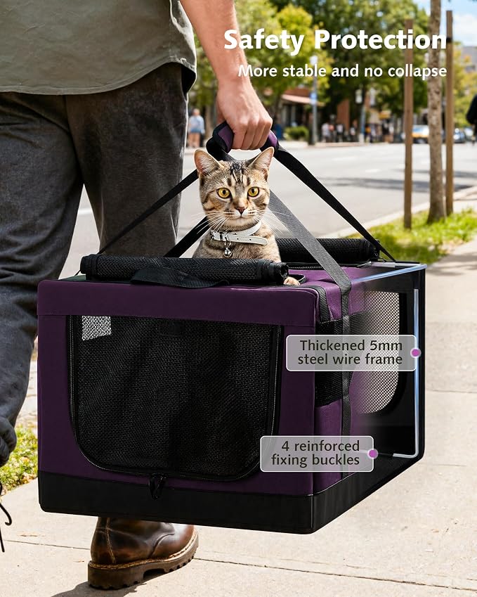 Pecute Cat Carrier, Soft Double Pet Crate for 2 Cats Travel, Purple | Anti-Collapse Steel Frame, Convertible Dual Space, Foldable, Polyester Breathable mesh, Up to 26 lbs, Car Travel & Vet Visits