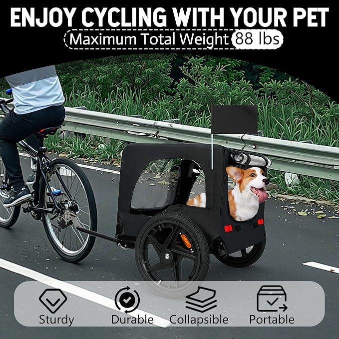 KEIKI Dog Bike Trailer with Built-in Leash, Pet Stroller Cart Bicycle Carrier, Easy Folding Cart Frame with Front Caster & 16" All-Terrain Wheels & Universal Hitch, Supports up to 66 lbs