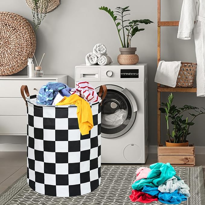 MAIZMZ Checkered Flag Canvas Storage Basket 63L Waterproof Laundry Hamper with Handles, Collapsible Racing Themed Organizer Bin for Boys Bedroom, Toys, Clothes, Gift Giving