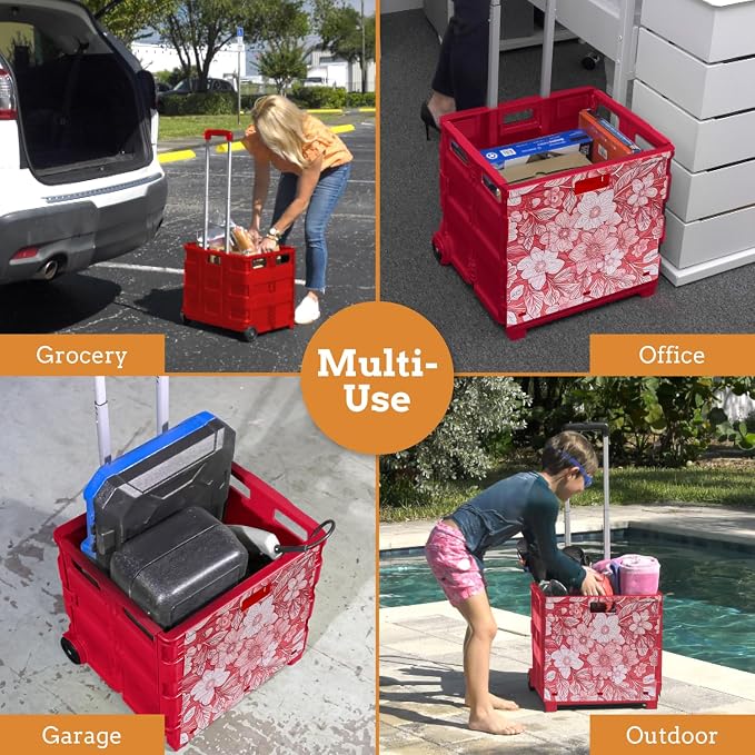 Inspired Living Ultra-Slim Rolling Collapsible Storage Pack-N-Roll Utility-carts, with Telescopic Handle, for Home, Garden, Shopping, Office, School use, Large, Red, White Flower Print