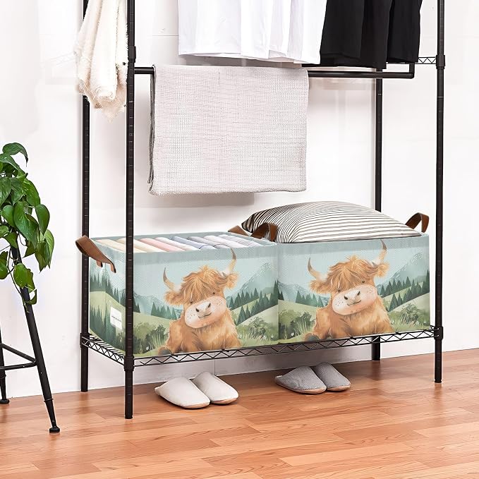 Cute Highland Cow Green Grass Baby Storage Basket with Labels&Handles Rectangular Waterproof Nursery Storage Bins Collapsible Shelf Organizer Baskets for Kids Books Cloth Gift Basket Toys Laundry