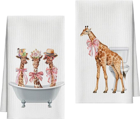 Bath Towels Set of 2, Giraffe Dish Towel for Bathroom Spa Washroom, Pink Bow Fast Drying Decorative Hand Towels, Funny Housewarming for Giraffe Lovers Women Mom -04