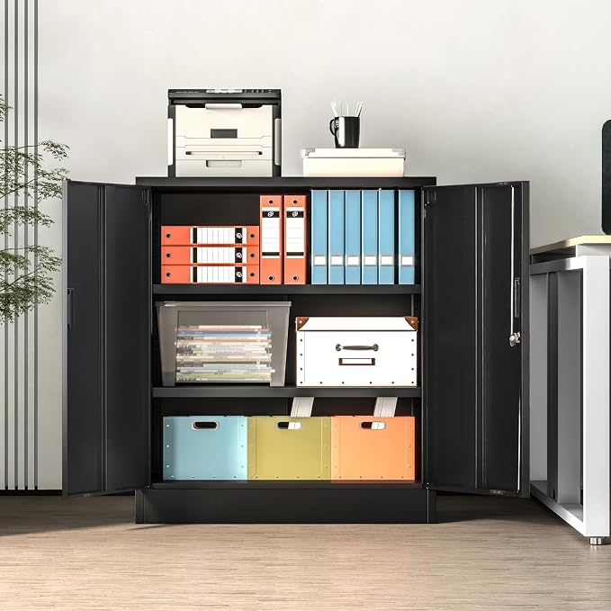 Wanfu Metal Storage Cabinet, 36" H Locking Storage Cabinet with 2 Adjustable Shelves, Metal Cabinets for Garage, Home, Office, Utility Room-Black