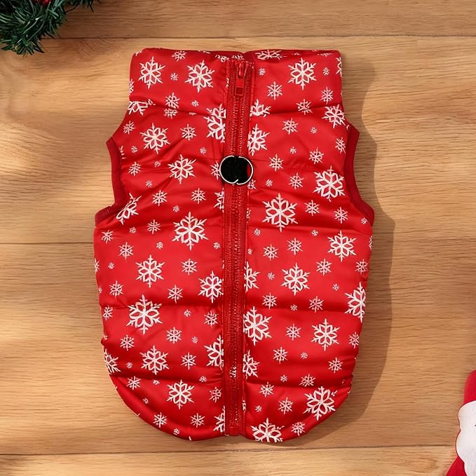 Idepet Pet Dog Cat Coat with Leash Anchor Color Patchwork Padded Puppy Vest Jacket Teddy Chihuahua Costumes Pug Cloth XS S M L(Large,Red-Snowflake)