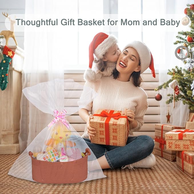 COMSE Small Gift Basket Empty with Bag & Ribbons, Solid Autumn Glaze | Cotton Rope, 12"x 8"x 5", Pet Toy Storage Organizer, Woven Basket for Birthdays, Baby Showers, Mother’s Day, Valentine’s Day