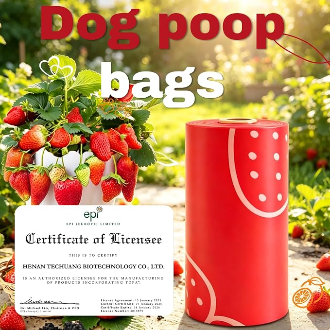 Strawberry Scented Dog Poop Bags - 8 Rolls 120 counts Leak Proof | Extra Large 13x9 Inch Red Dog poop bags rolls with Dispensers, Fragrance Bags for Dogs Walking and Cat Litter