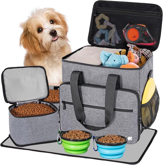 Dog Travel Bag, Large Pet Travel Set with Multi-Function Pockets | 2 Food Storage Containers, 2 Collapsible Bowls, 1 Feeding Mat for Pet Supplies, Road Trip Essentials, Weekend Camping, Grey