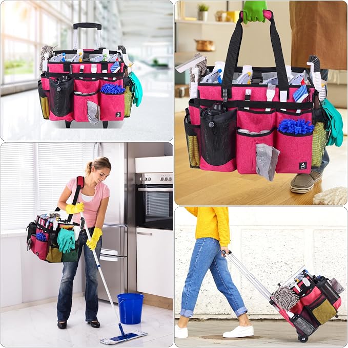 Rolling Cleaning Caddy Bag Built-in Hard Plastic Sheet Detachable Trolley | Aluminum foil lining, Adjustable dividers Adjustable Shoulder Strap and Multiple Storage Pockets