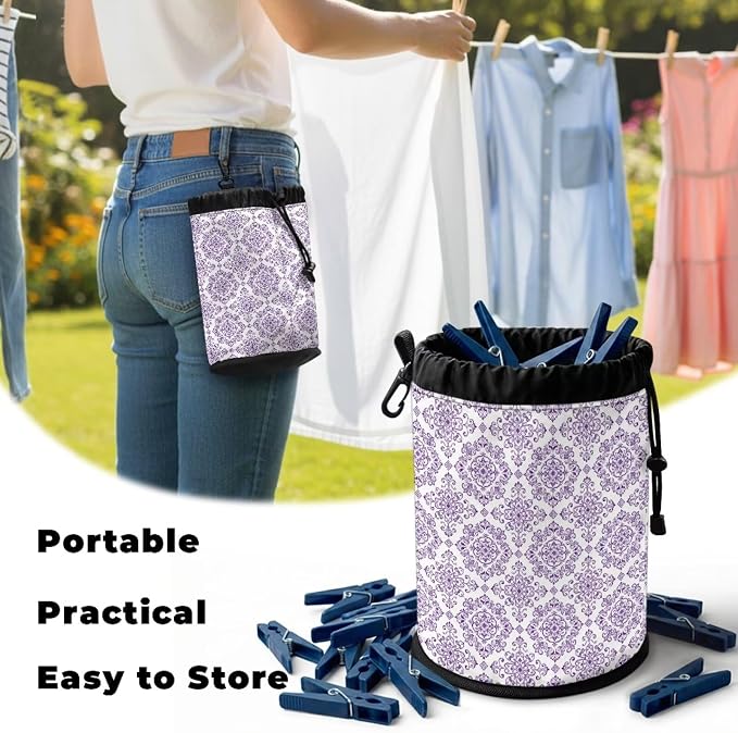 Clothespin Bag Holder Purple Damask Pattern Hanging Clothespin Bag with Hooks Large Capacity Clothespin Storage Organizer for Clothesline Outdoor