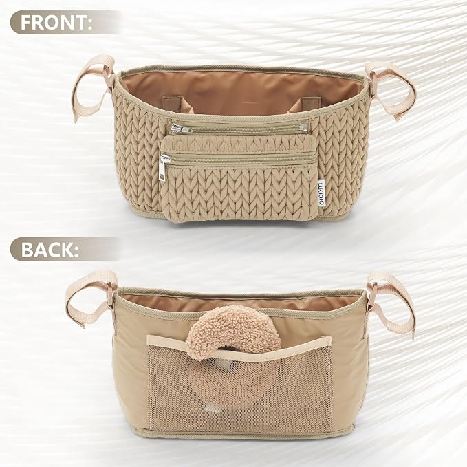 Stroller Organizer - Stylish 3D Herringbone Quilting Nylon, Universal Fit, Detachable Bag, Adjustable Multi-Storage for Baby Essentials