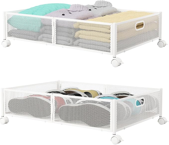 Under Bed Storage with Wheels & Handle,Sturdy Metal,2 Pack,White | Tool-free assembly, glide smoothly, easy reach, foldable, maxmazie low-profile beds, dorm, keep seasonal clothes, shoes fresh