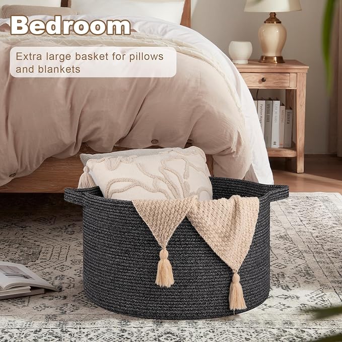 OIASKET Large Woven Baskets for Storage, 22.8" x 22.8" x 13" Blanket Storage Living Room, Baby Toy Basket for Clothes, Pillows, Towels, Shoe Basket for Entryway (Black)