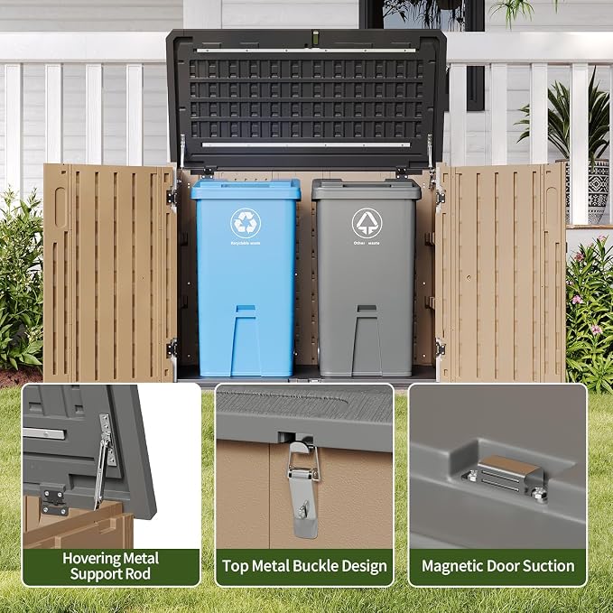 Aoxun Outdoor Storage Cabinet 35 Cu.Ft 2 Shelves, Brown | Outdoor Trash Can Storage Shed Waterproof Horizontal Storage Shed Outdoor Storage for Garbage Bin, Generator