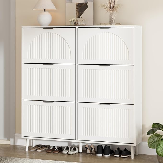 Shoe Storage Cabinet with 6 Flip Drawers, Narrow Wood Shoe Organizer Cabinet with Fluted Panel, Slim Shoe Rack for Entryway, Freestanding Shoe Cabinet for Living Room, Hallway, White