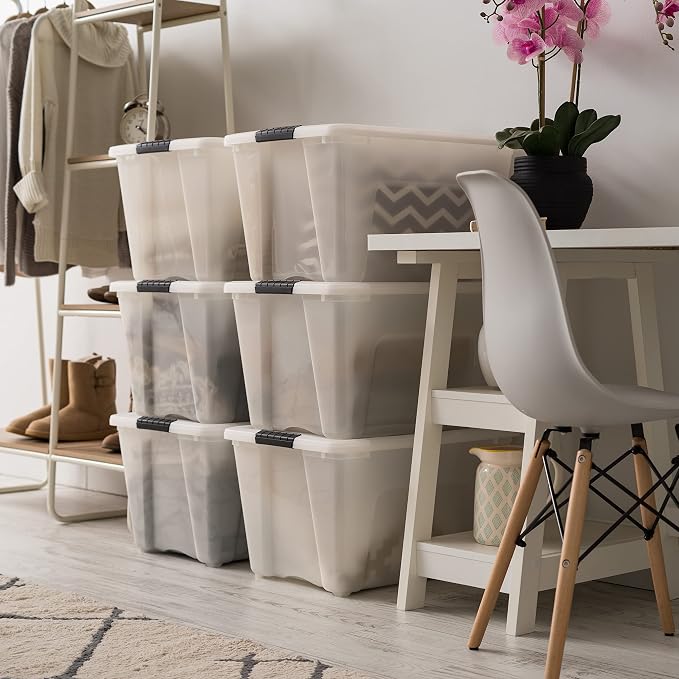 IRIS USA 6-Pack 54 Quart Storage Bins with Lids, Pearl | Conceals stored items for a clean look, Nestable design saves space between uses