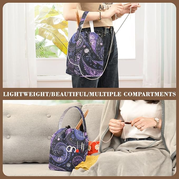 Tatenale Crochet Bag Yarn Bag Knitting Project Bag with Pockets and Handle Portable Yarn Storage Organizer Tangle Free 8.3x11 InchPurple Paisley30