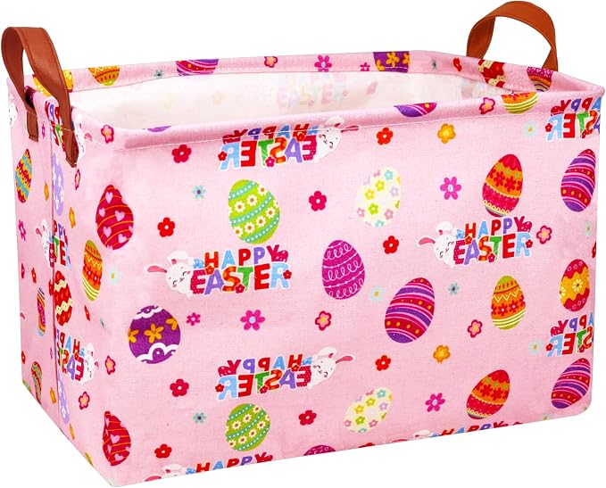 Large Rectangular Easter Baskets Empty Waterproof Boy Toy Box Foldable Kid's Gifts Storage Bin Spring Room Decor(HAPPY Pink Rabbit Egg)