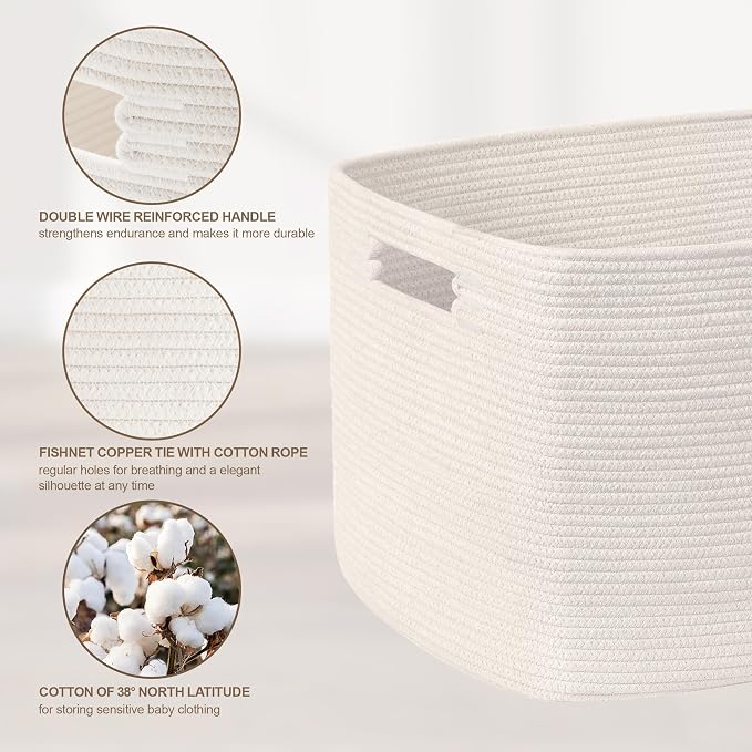 72L Large Woven Laundry Basket Hamper with Handles, White | collapsible wicker hamper, storage for dirty clothes, toys, blankets, gifts, living room, bedroom, bathroom, 22"x17"x12"