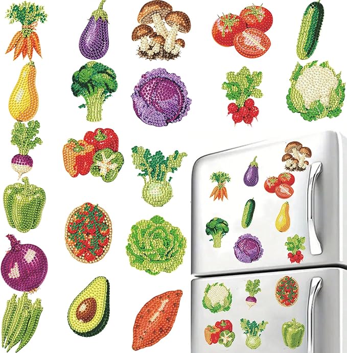 20pcs Vegetable 2D Acrylic DIY Diamond Art Magnets Food Refrigerator | Elegant Set with Beautiful Patterns and Magnetic Design for DIY Crafts Perfect for Home, Office, Kitchen Decor, Great Gift