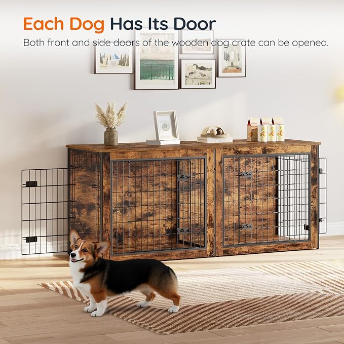HOOBRO Dog Crate Furniture for 2 Dogs, 63" Large Double Dog Crate Furniture with Divider, Wooden Indoor Kennel TV Stand for Medium Large Dogs, Rustic Brown BF55GW03