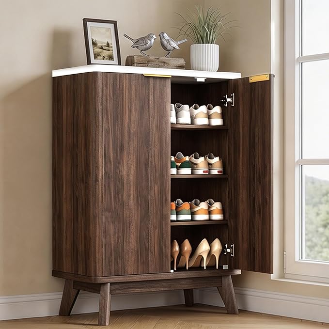 Shoe Cabinet with Doors & Adjustable Shelves, Walnut | Modern Wooden Storage Cabinet for Entryway, Mudroom And Apartment, Reducing Clutter And Dust Buildup